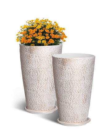 Set of 2 Tall Outdoor Planters 21" H, Round Large Planters for Front Porch and Patio, Stone Finish Flower Tree Plant