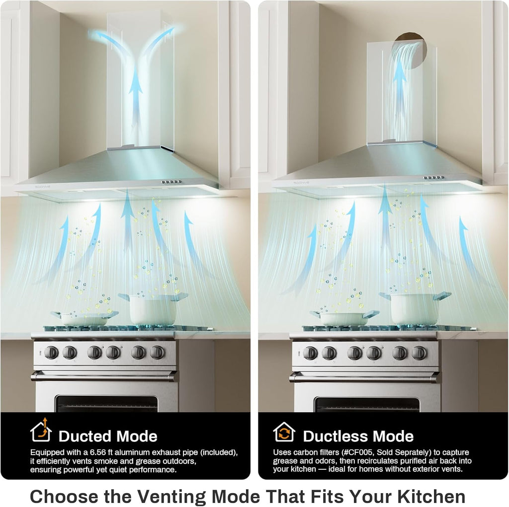 30 Inch Stainless Steel Wall Mount Range Hood 3 Speed LED Lights Convertible Ducted/Ductless
