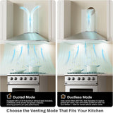 30 Inch Stainless Steel Wall Mount Range Hood 3 Speed LED Lights Convertible Ducted/Ductless