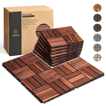 Premium Deck Tiles, Patio Flooring - Set 10 Pcs 12”x12”x0.9” Interlocking Deck Tiles, Waterproof Acacia Wood for