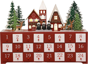 Christmas Wooden Advent Calendar with LED Lights, 24 Drawers Countdown to Christmas Festive Church Scene