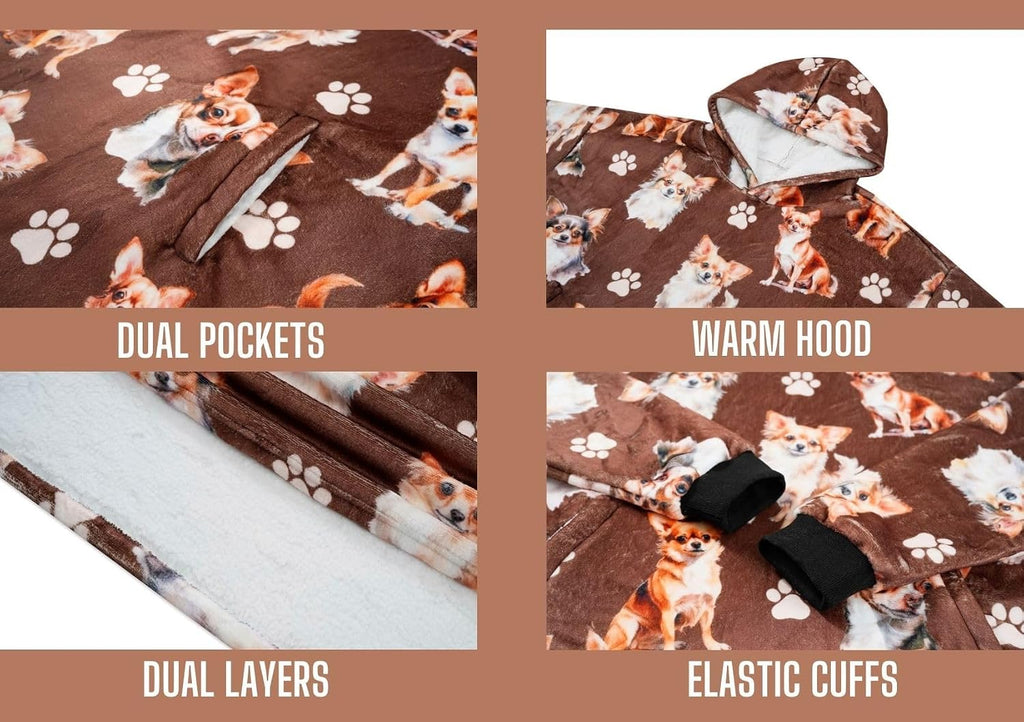 Chihuahua Gifts for Women & Men, Chihuahua Themed Wearable Flannel Blanket Hoodie, Oversized Hooded Sweatshirt, One