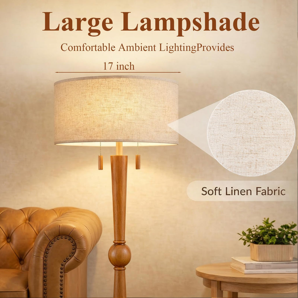 Solid Wood Floor Lamp with Wooden Pull Chains