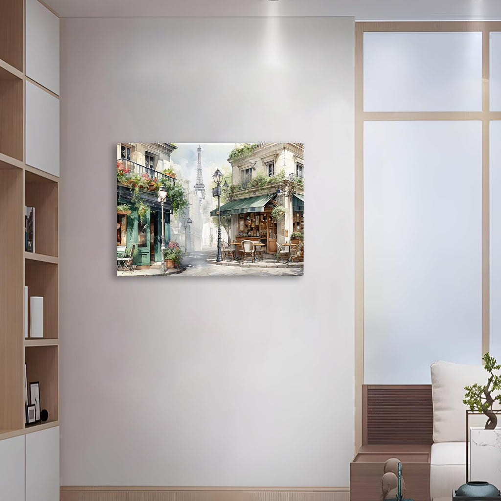 Framed Green Cafe Canvas Wall, 24"x16" European Street Scene