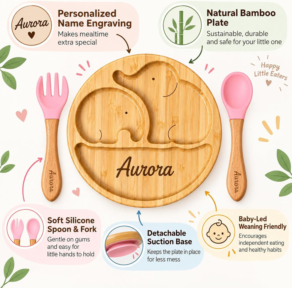 Personalized Bamboo Baby Plate with Name, Elephant Suction Toddler Plate