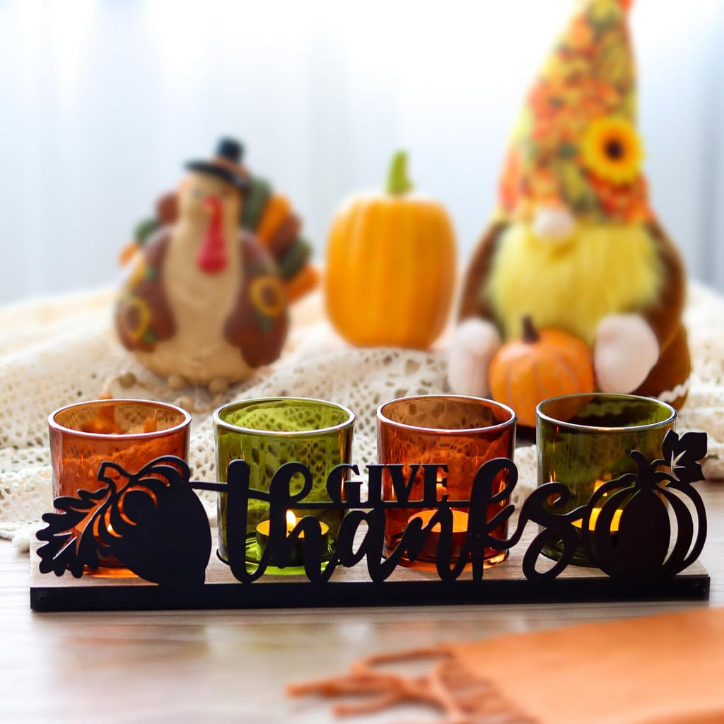Thanksgiving Centerpieces Glass Tealight Votive Candle Holder Include 1 Candle Tray & 4 Candle Holders Fall - Set of 5