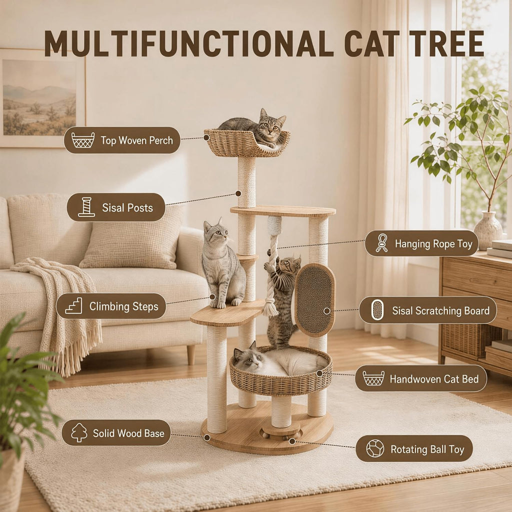 Solid Wood Cat Tree for Large Cats, Modern Tall Cat Tower(49.6In)