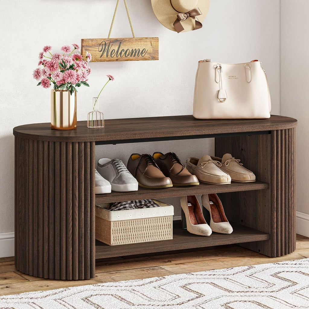 Shoe Storage Bench, Oval Fluted Entryway Bench with 5-Position Adjustable Shelf, Modern Mid-Century Wood Benches
