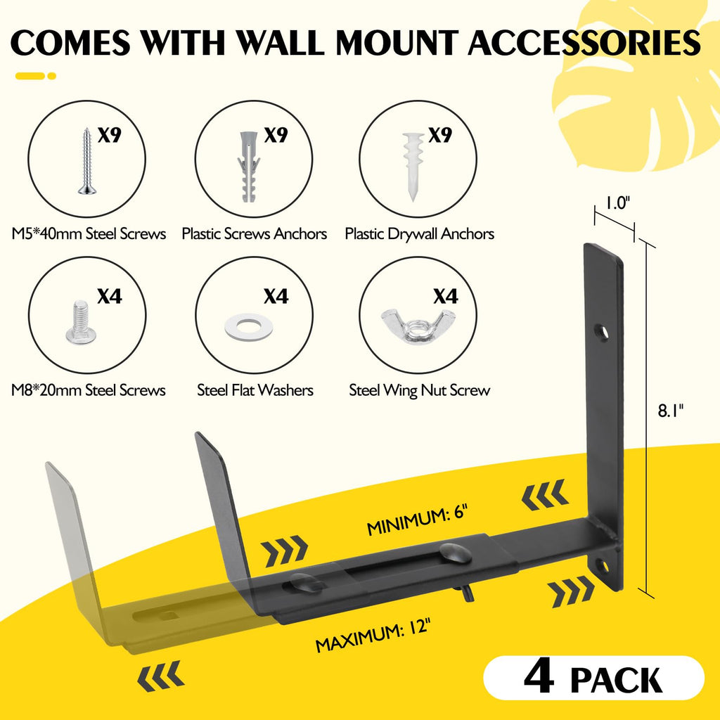 Window Box Brackets, 4 Pack Adjustable Heavy Duty Wall Mount Flower Box Holder (6 to 12 in), with 70lbs Capacity