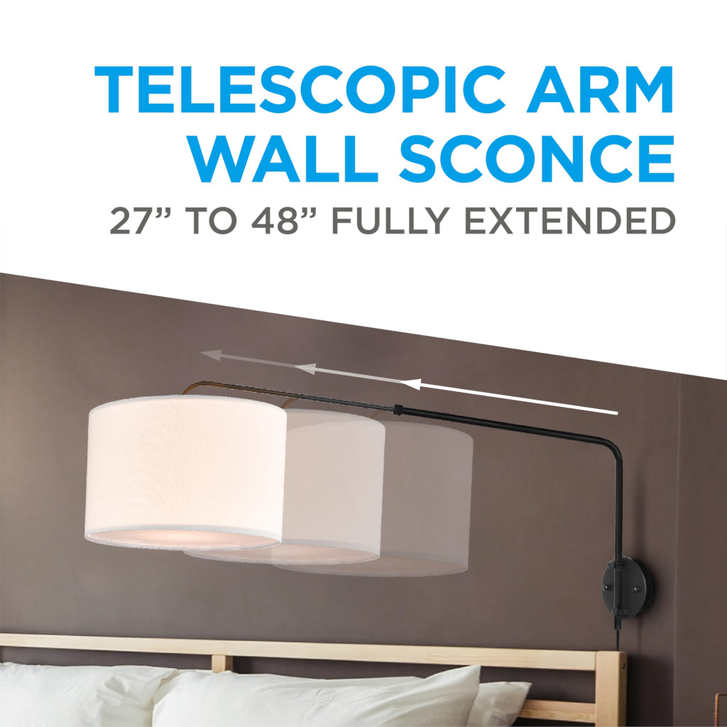 Adjustable Sconce, Wall Mount Light with Telescopic Swing Arm, Matte Black Finish with 2 Linen Shades Included