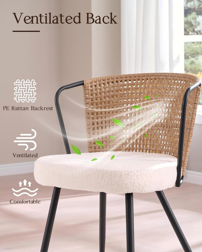 Rattan Dining Chairs Set of 4 - Farmhouse Upholstered PE Rattan Kitchen Chair with Boucle Cushion, Wingback Dining