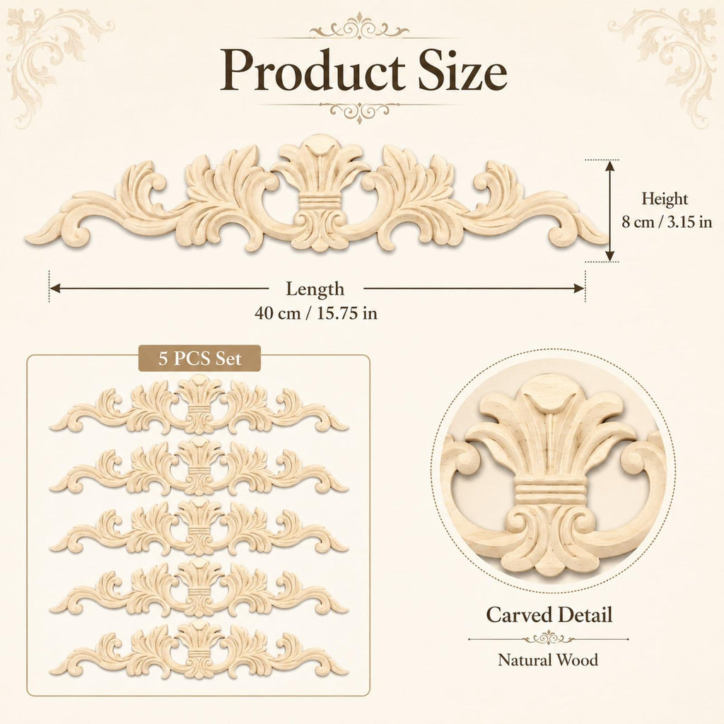 5pcs Unfinished Carved Wood Applique European French Wooden Onlay Trim Decorative Long Acanthus Leaf Medallion for