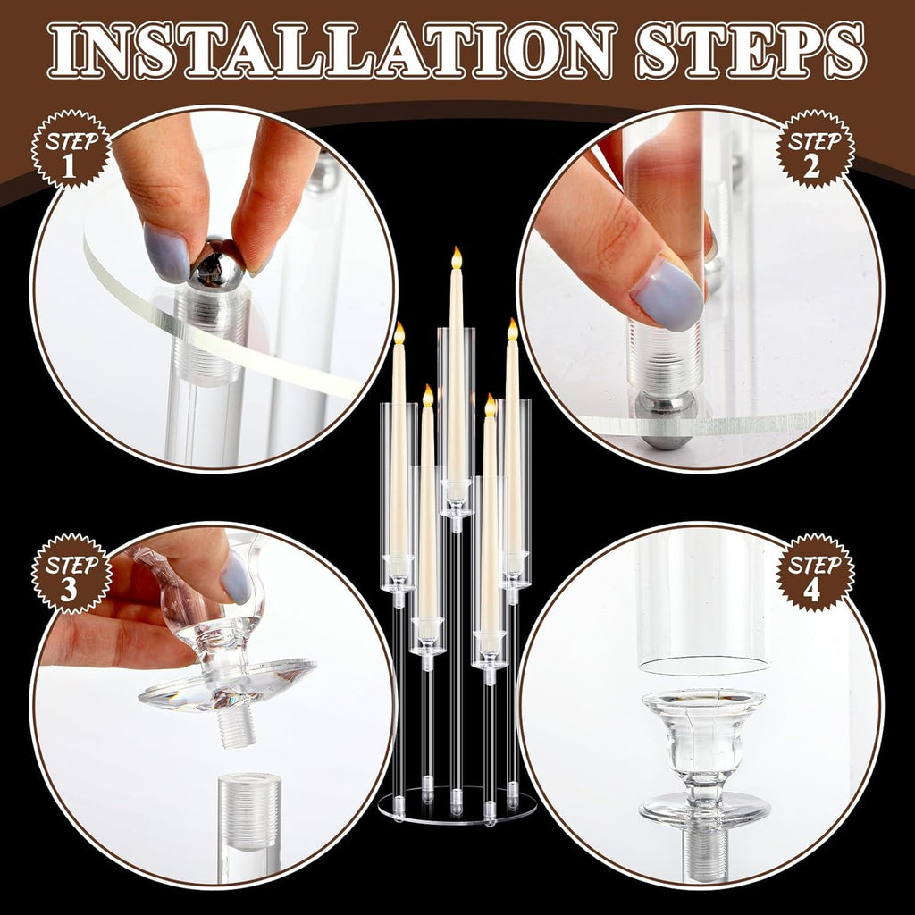 4 Pcs Acrylic Candelabra Centerpieces Candle Holder Crystal 5 Arm Candlesticks Holder with Acrylic Shade Pillar Taper