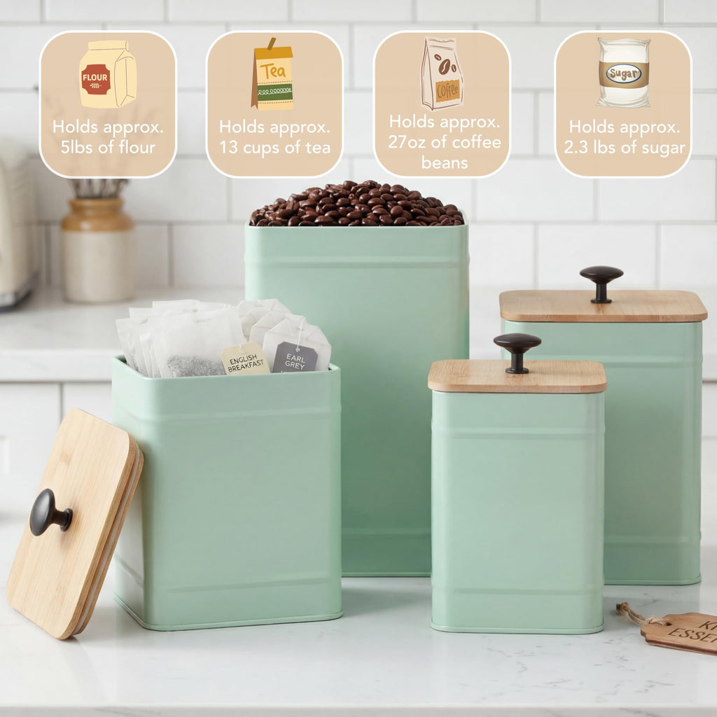 Kitchen Canisters, Airtight Canister Sets of 4 Counter, Sage Green Kitchen Accessories, Coffee Tea Sugar Flour Spice