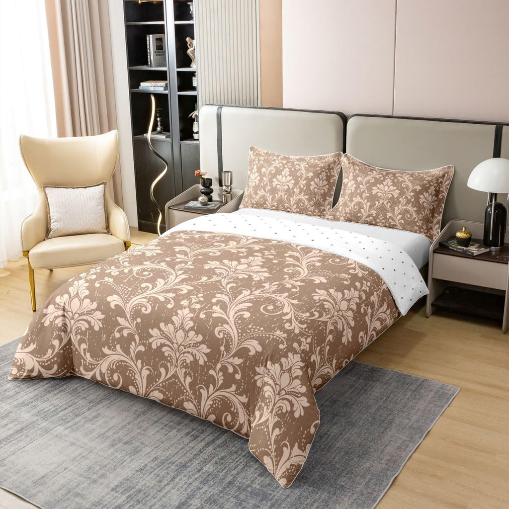 Damask 100% Cotton Comforter Cover Dark Brown Bedding Set Victorian Wood Grain Duvet Cover Antique Baroque