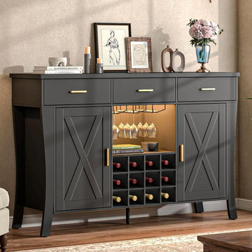 Black Wine Bar Cabinet with LED & Glass Rack, Farmhouse Liquor Cabinet