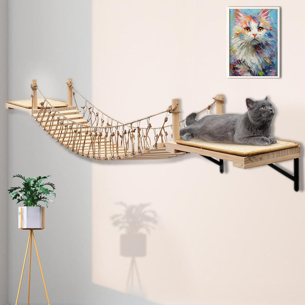 Wall-Mounted Cat Roped Bridge Long for Indoor Cats, Cat Wall Shelves for Sleeping, Playing, Climbing, Wooden Cats Bed