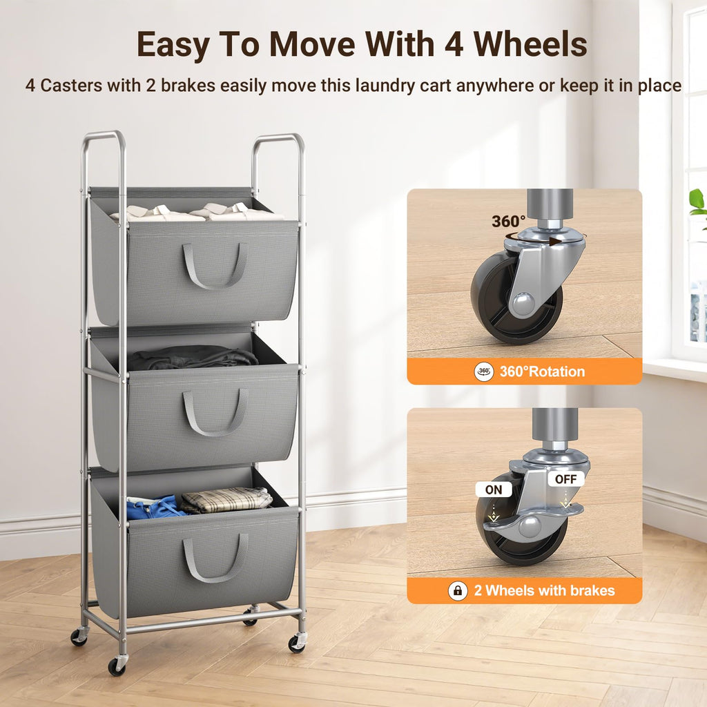 3-Tier Vertical Rolling Laundry Hamper with Wheels & Removable Bags