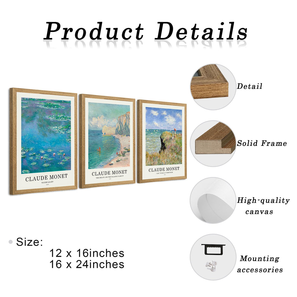 Claude Monet Wall Art Set of 3, Solid Wood Frames, 12 x 16 in Each
