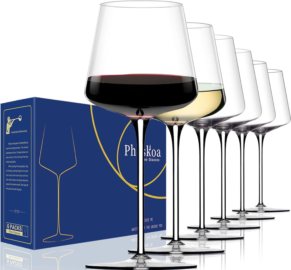 White Red Wine Glasses Set of 6 - 18oz Clear【Hand Blown】 Crystal Wine Glass - Tall Long Stem Modern Wine Glasses