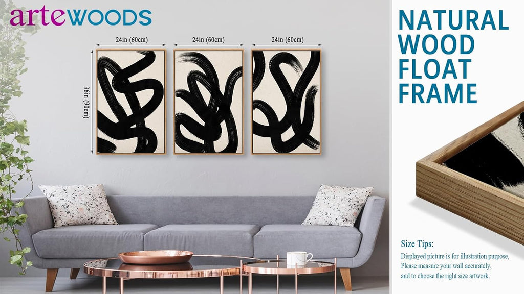 Framed Wall Art Canvas Set Abstract Lines Pictures Modern Mid Century Boho Wall Decor Minimalist Abstract Black