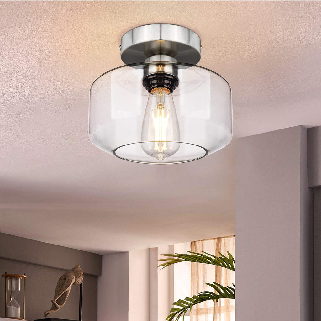 Industrial Semi Flush Mount Ceiling Light Brushed Nickel, Clear Glass Pendant Lamp Shade Farmhouse Lighting Hallway