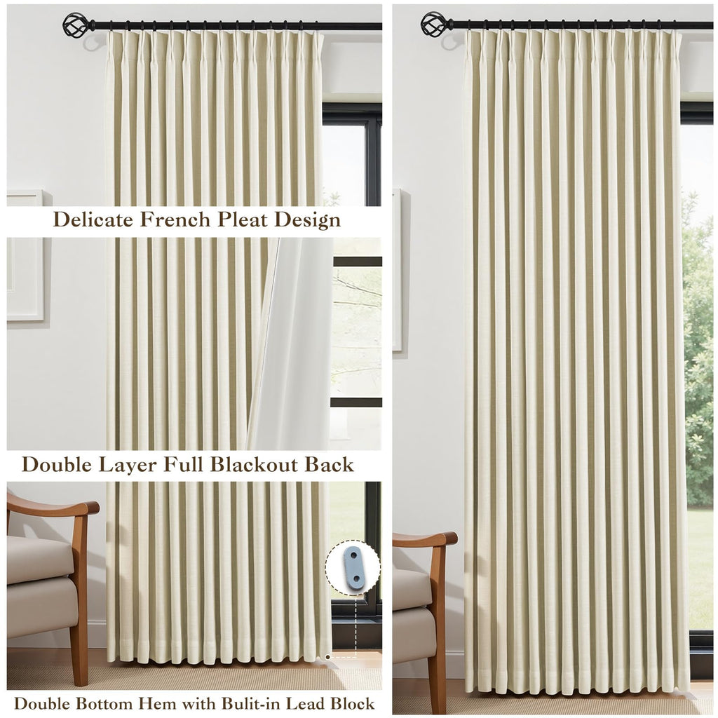 Cream Beige Pinch Pleated Full Blackout Linen Curtains 70x95