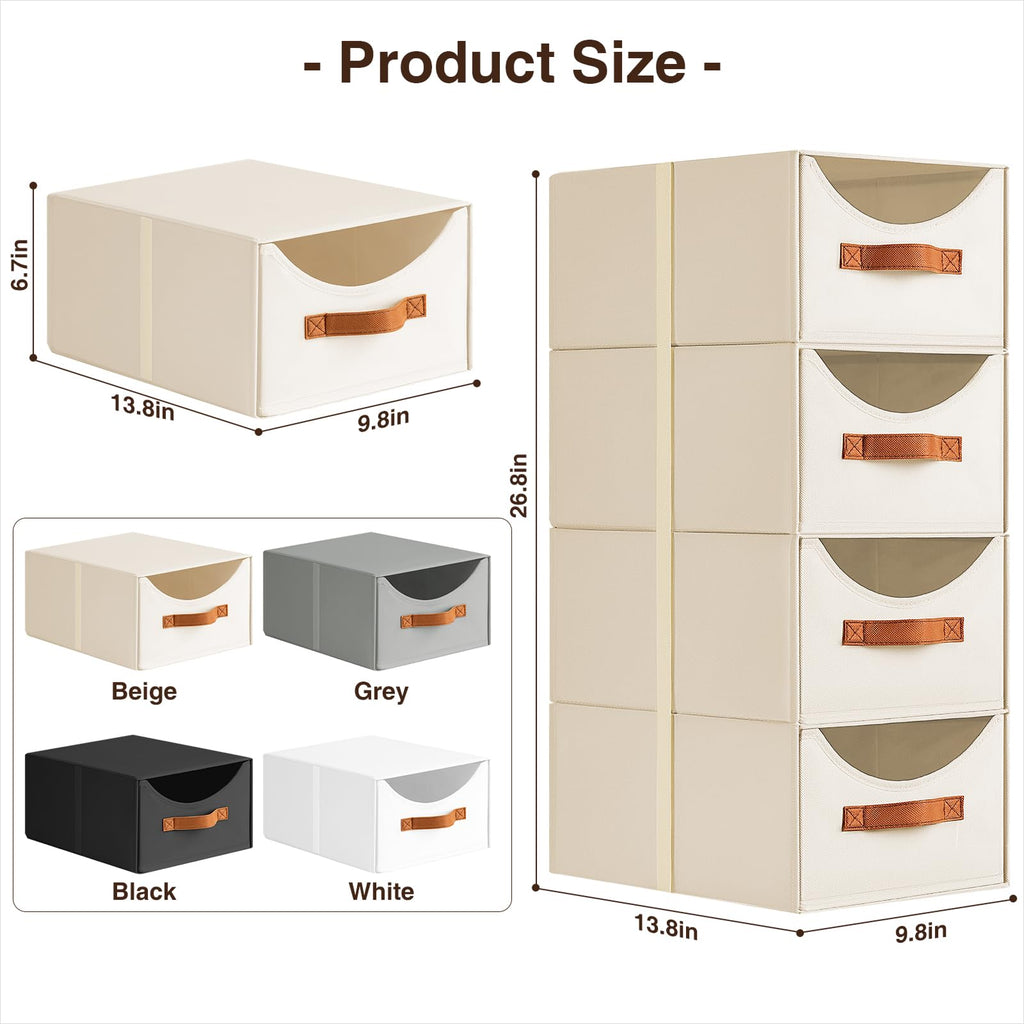 Stackable Storage Drawers - Collapsible Storage Bins with Drawers, 8 Pack Closet Shelf Organizer Basket, Fabric Pull