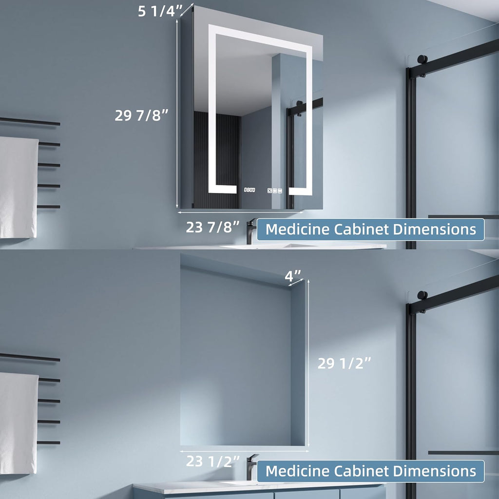 Medicine Cabinet with Lights 24x30 Anti-Fog Mirror Dimmable | 3 Color Dimmable LED. Time Temp Display. Anti-Fog IP44.