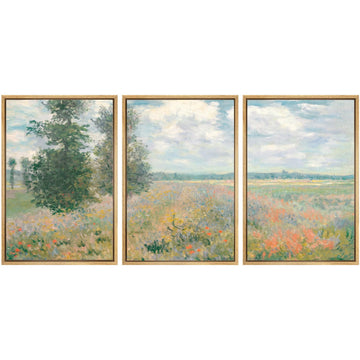 Framed Wall Art Print Set Monet Style Floral Field Illustrations Modern Art Chic Multicolor - 24"x36"x3 Natural