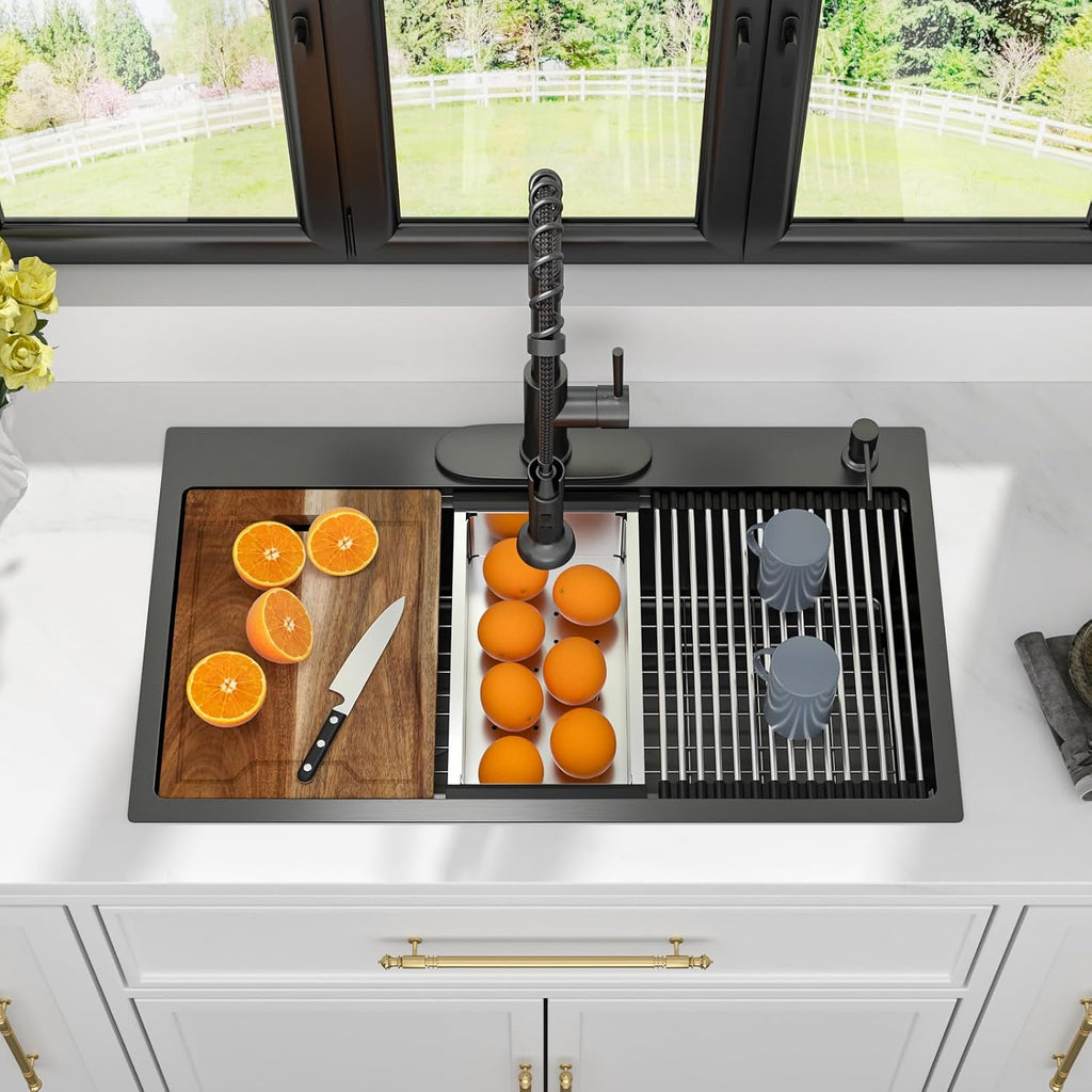 33 Black Drop Sink Workstation 33x19 Black Kitchen Sink | Workstation Drop Sink Black Stainless Steel Topmount 16