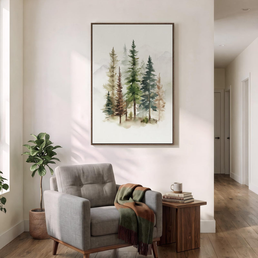 Framed Farmhouse Watercolor Pine Tree Forest Vertical Wall Art, 24x36 In