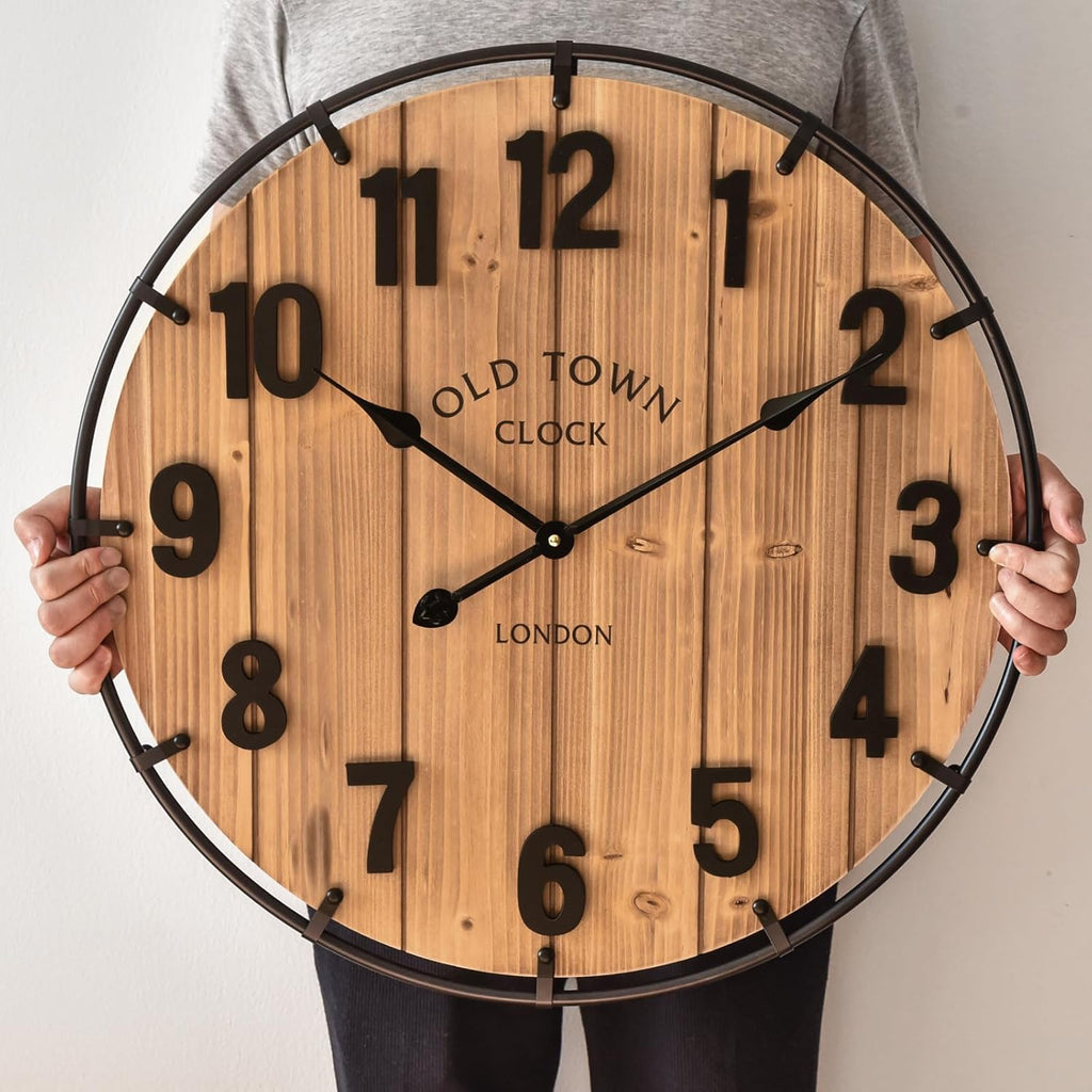 24 Inch Farmhouse Wall Clock Large Old Town Vintage Rustic Wooden Clock with Metal Rim and Large Numerals