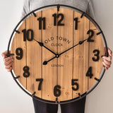 24 Inch Farmhouse Wall Clock Large Old Town Vintage Rustic Wooden Clock with Metal Rim and Large Numerals