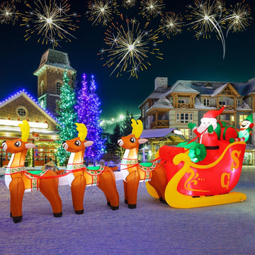 12 Ft Christmas Inflatable Reindeer cart Outdoor Decorations Blow Up Yard Three Deer Pulling a Sleigh and Santa Claus