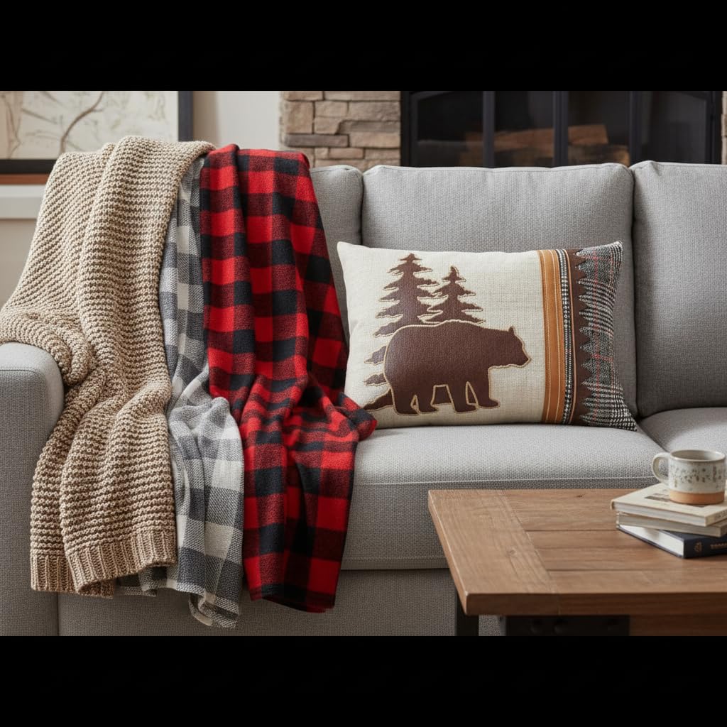 18 x 13 Inch Bear Pillow, Plaid Cabin Lumbar Throw Pillow