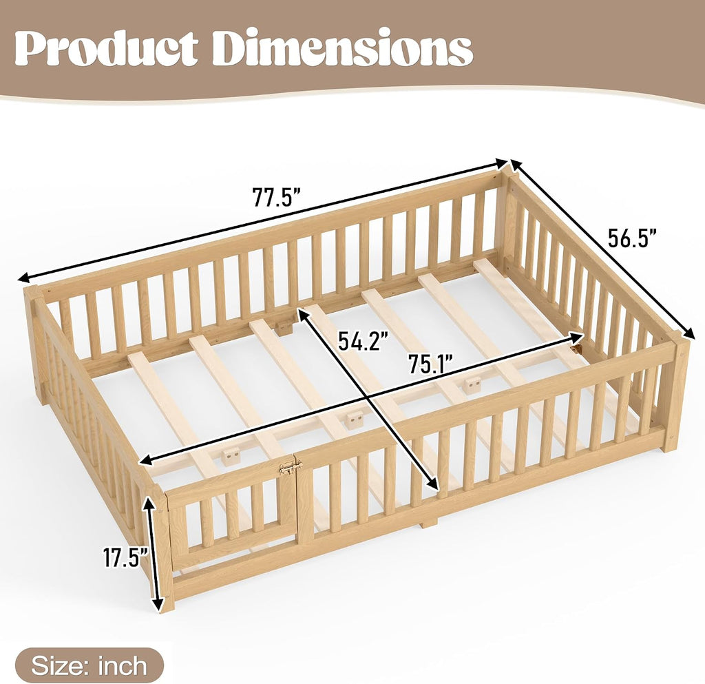 Floor Bed with Rails for Kids, Girls, Boys, Pine, Plywood Floor Bed with slats and Door, Natural