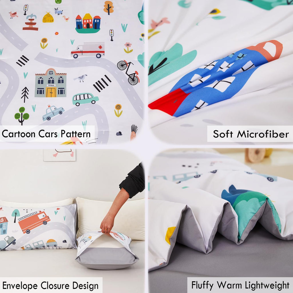 Twin Comforter Sets for Boys 3-Piece Cartoon Cars Kids Bedding Sets Soft and Lightweight White Construction Comforter