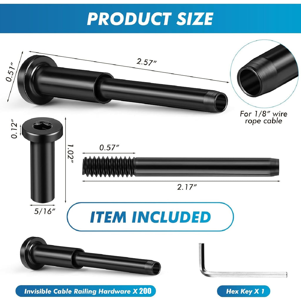200 Pack 1/8" Stainless Steel Cable Railing Hardware Kit T316, Black
