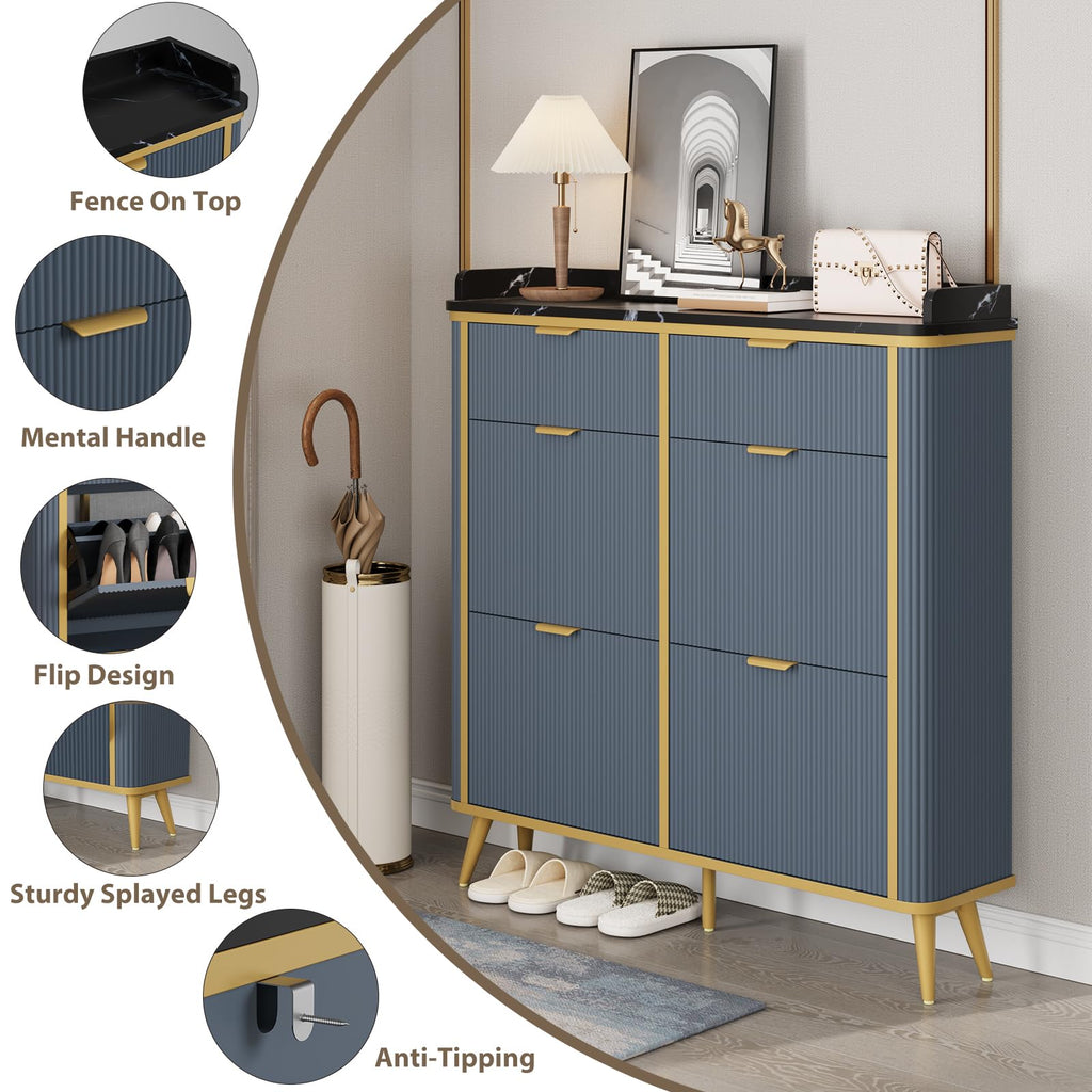 Fluted Shoe Storage Cabinet with 4 Flip Drawers & 2 Drawers, Freestanding Hidden Shoe Organizer with Adjustable