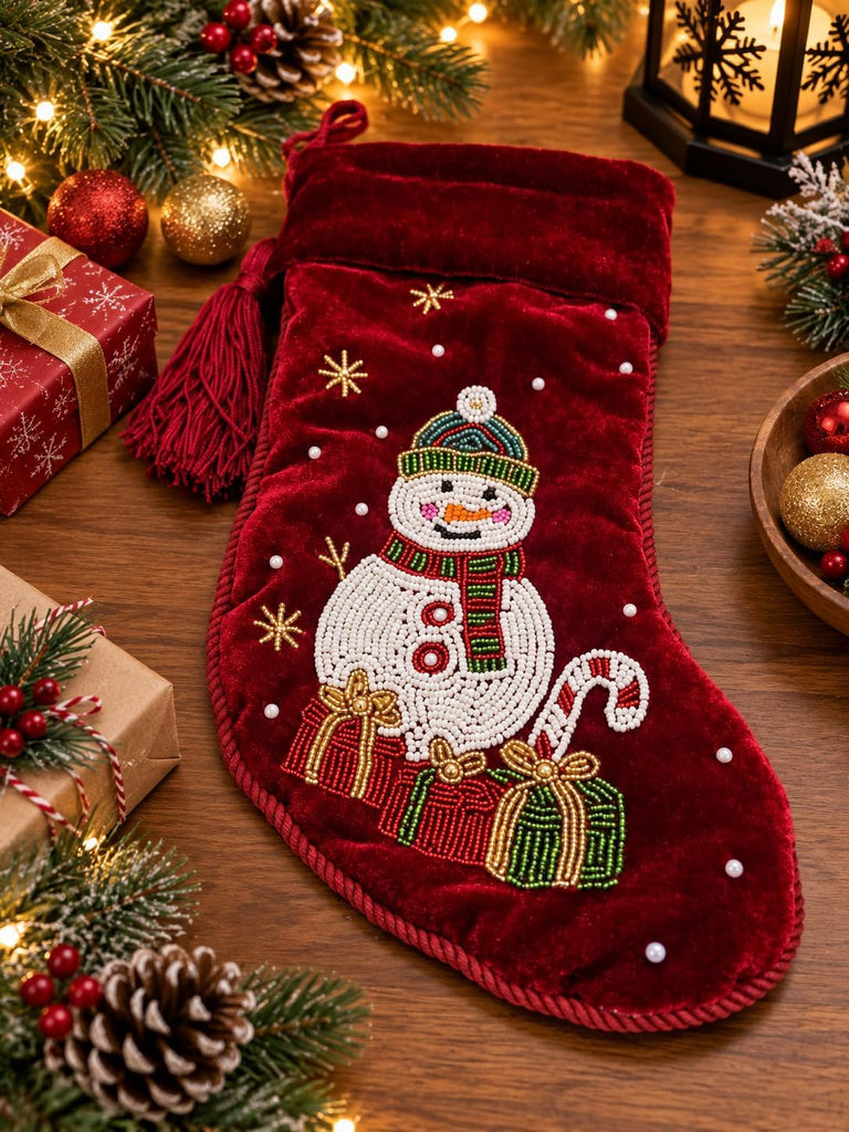 Handmade 12 Inch Red Velvet Christmas Stocking with Beaded Snowman, Holiday Stocking with Tassel, Embroidered