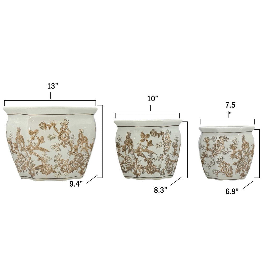 Brown & White Round Fluted Floral Porcelain Ceramic Plant Flower Planter Pot Set of 3 (7.5", 10", 13") Garden Pots
