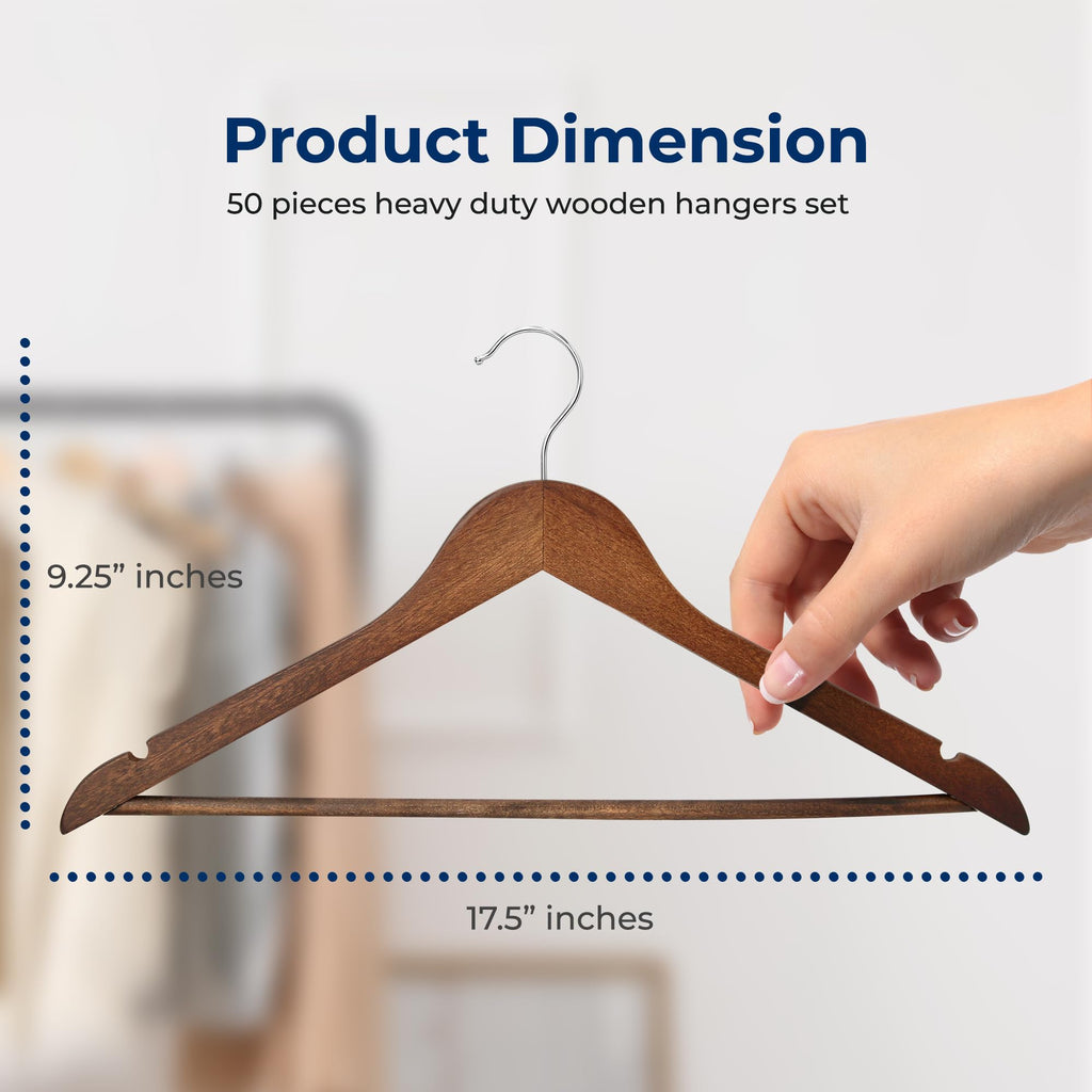 50-Pack Wooden Coat Hangers - Durable Suit Hangers with 360° Swivel Hook & Notches - Slim Design for Shirts, Jackets