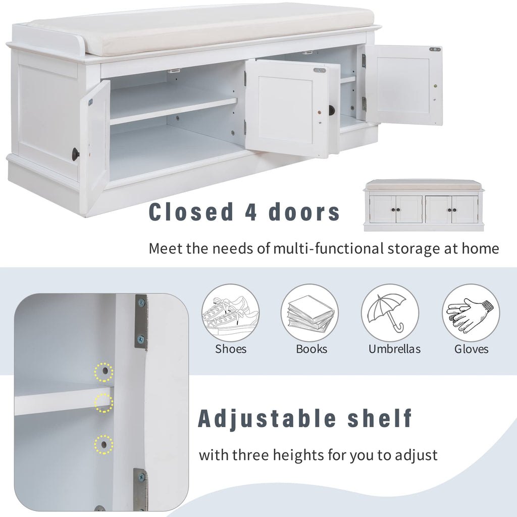 Farmhouse Storage Bench, Wood Storage Benches with Adjustable Shelves, Shoe Bench with Storage and Removable Cushion