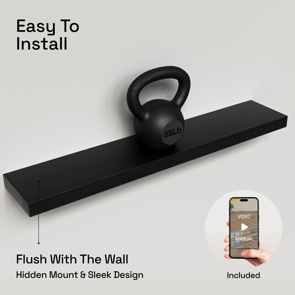 Solid Wood Floating Shelves for Wall 36 Inches Long, Black Wooden Shelf