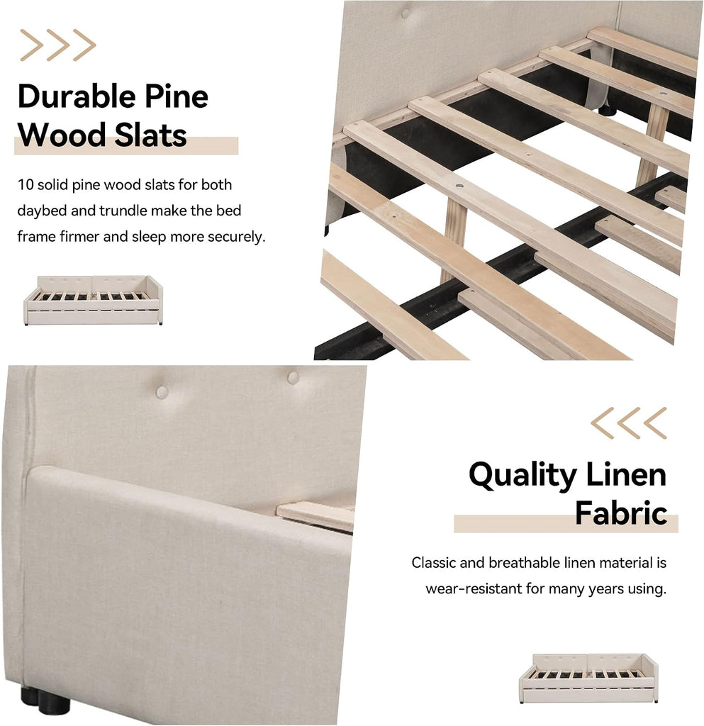 Queen Size Daybed with Storage and USB, Modern Cloud Bed Frame with Twin Size Trundle, Linen Upholstered Platform