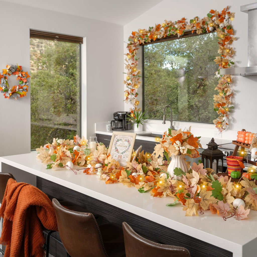 8 Pack Fall Leaf Garland with Lights, Total 47.2Ft Artificial Fall Maple Leaves Autumn Vines Garland with LED Lights