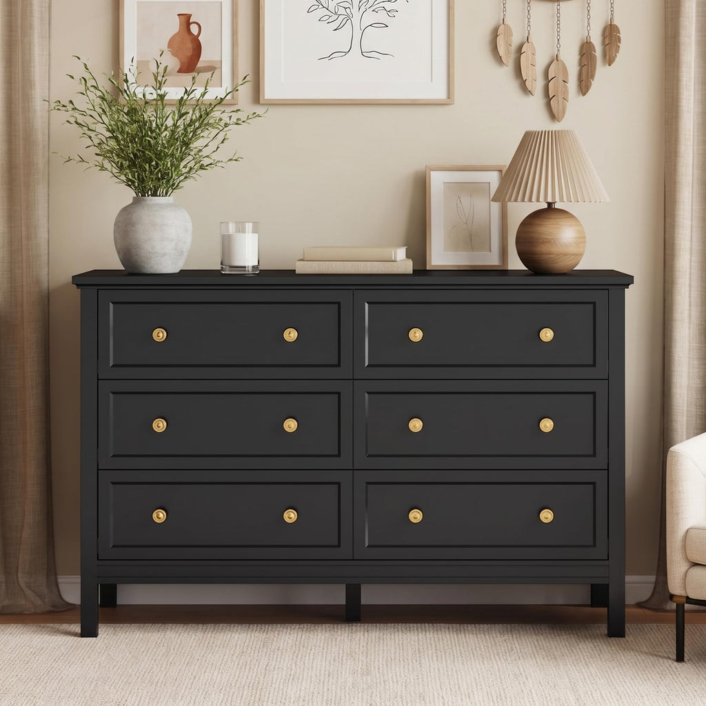 47" Black Dresser with Modern Gold Handles & 6 Drawer