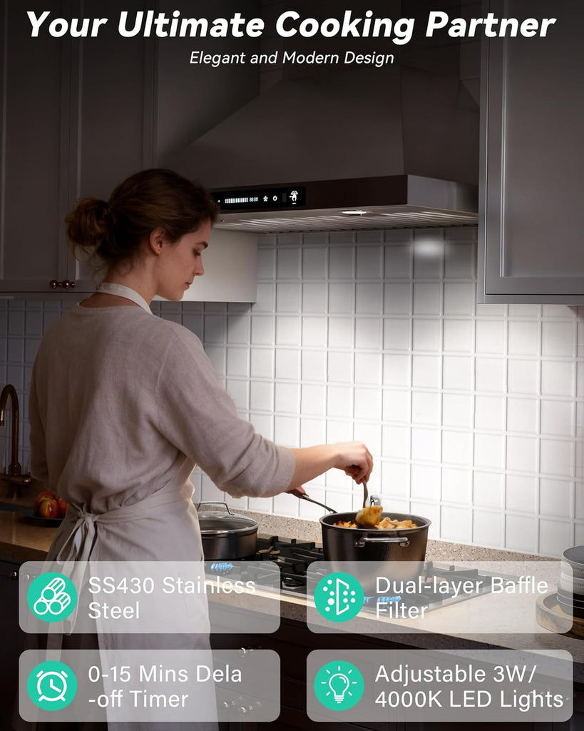30 Inch Stainless Steel Wall Mount Range Hood 900 CFM Ultra-Quiet 4 Speed Gesture Control, LED Lights Convertible Ducted/Ductless