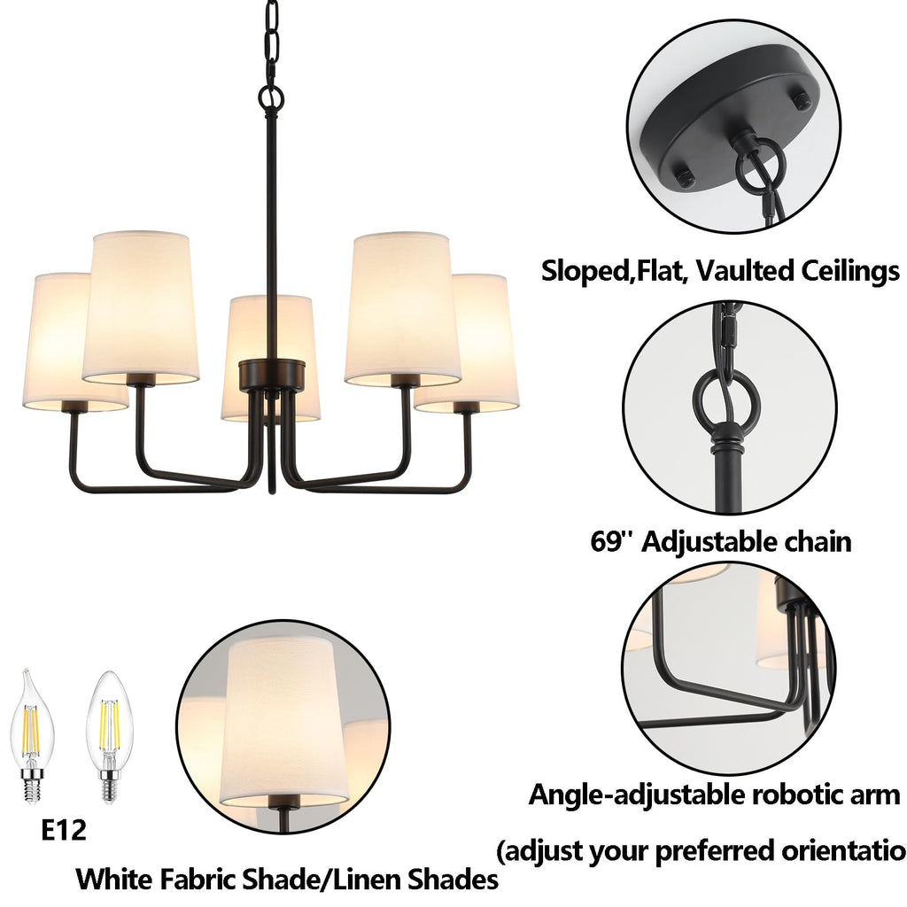 Farmhouse Chandelier, Matte Black with White Fabric Shade, Farmhouse Linear Island Lighting Fixture (5-Light Matte